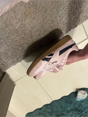 Reebok Pink Leather Sneaker with Navy Stripe and Gum Sole